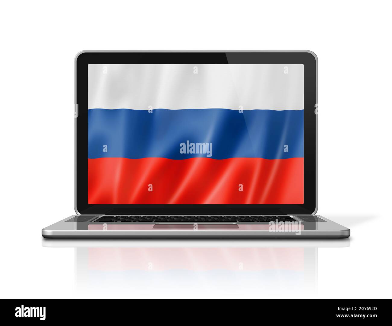 Russia flag on laptop screen isolated on white. 3D illustration render ...