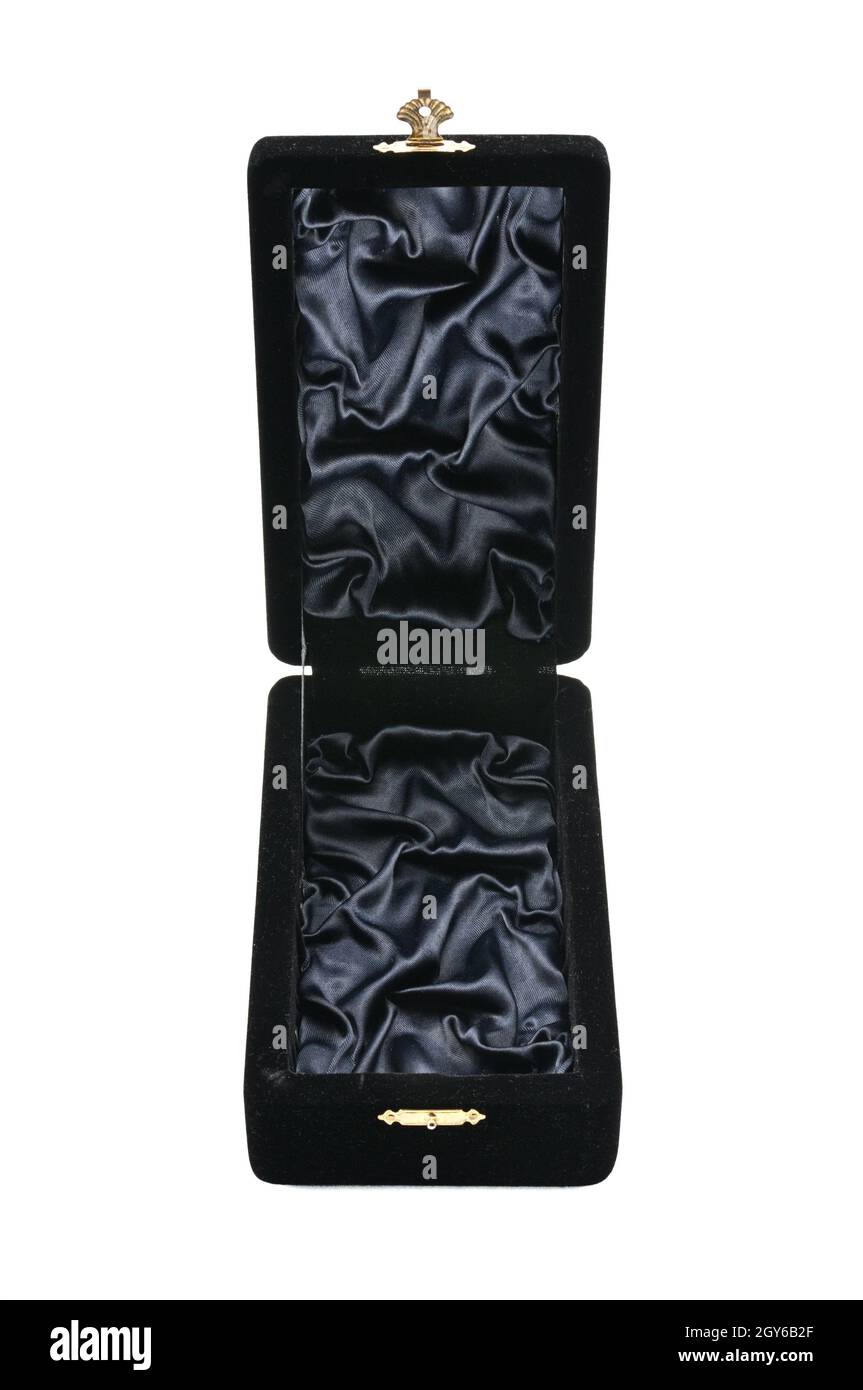 Black velvet jewelry box on an isolated white background Stock Photo