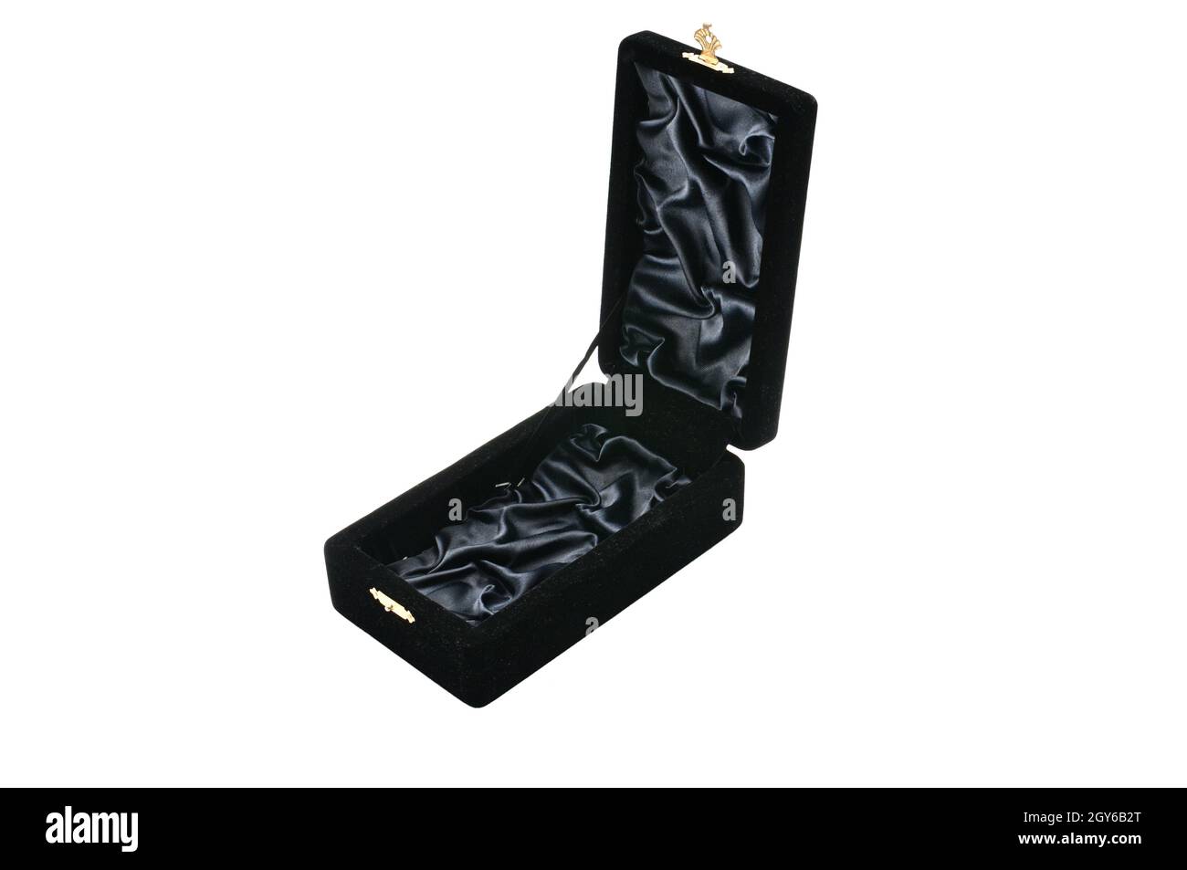 Black velvet jewelry box on an isolated white background Stock Photo