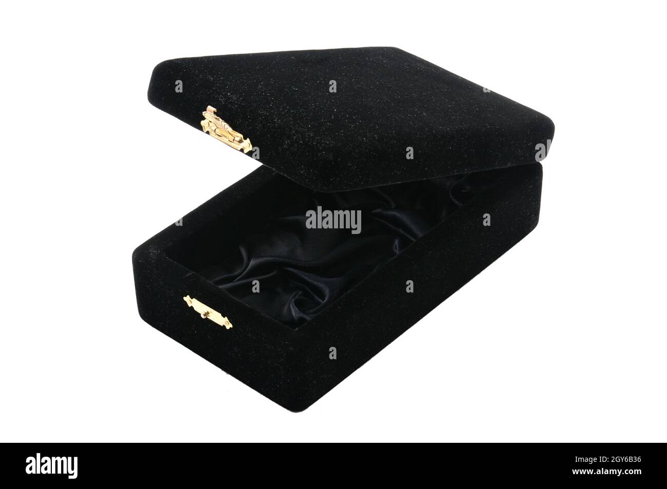 Black velvet jewelry box on an isolated white background Stock Photo