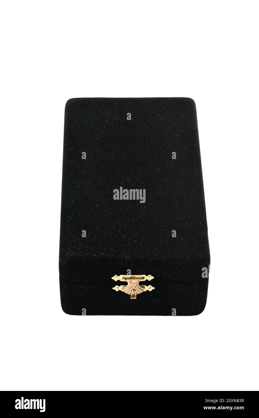 Black velvet jewelry box on an isolated white background Stock Photo