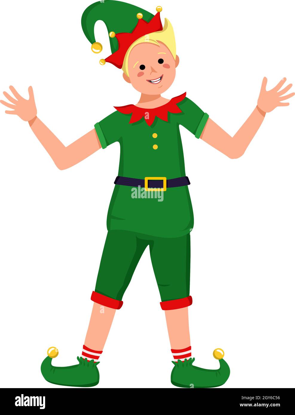 Cute boy with happy face and eyes in festive elf costume for Christmas, New Year or holiday Stock Vector