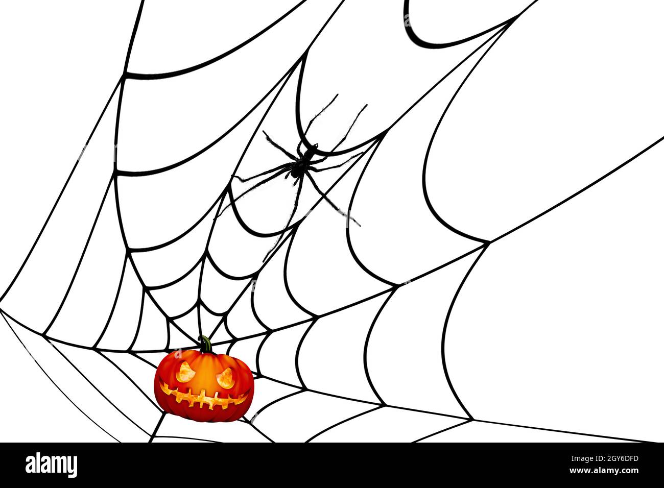 Halloween Concept background with pumpkin stuck on a spider web. Stock Photo