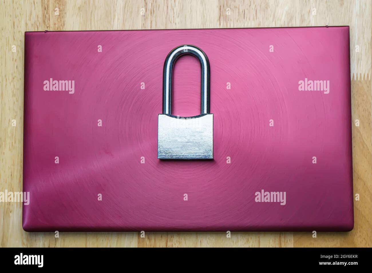 The silver padlock on laptop. The computer is cyber security. Stock Photo