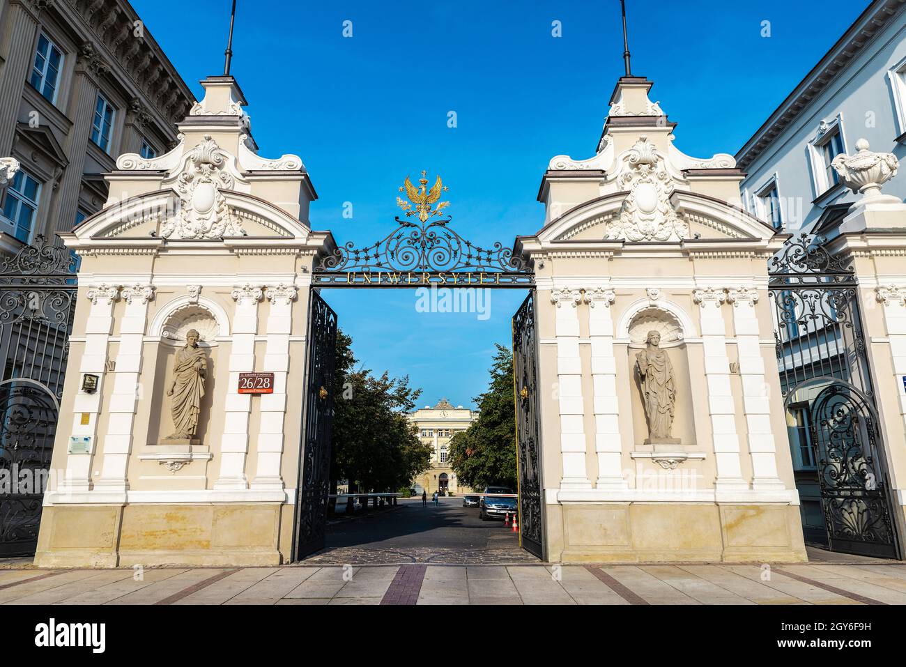 Warsaw, Poland - September 1, 2018: Entrance of the Warsaw University or Uniwersytet Warszawski in Krakowskie Przedmiescie in the old town of Warsaw, Stock Photo