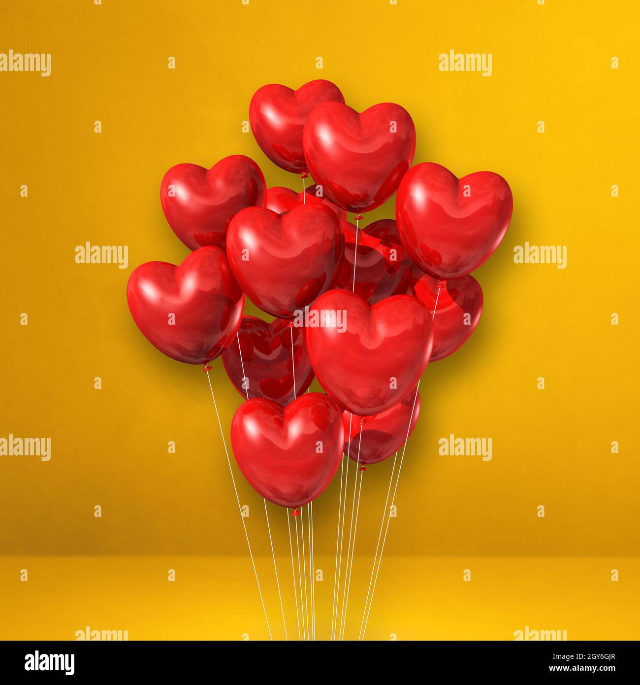 Red heart shape balloons bunch on a yellow wall background. 3D ...