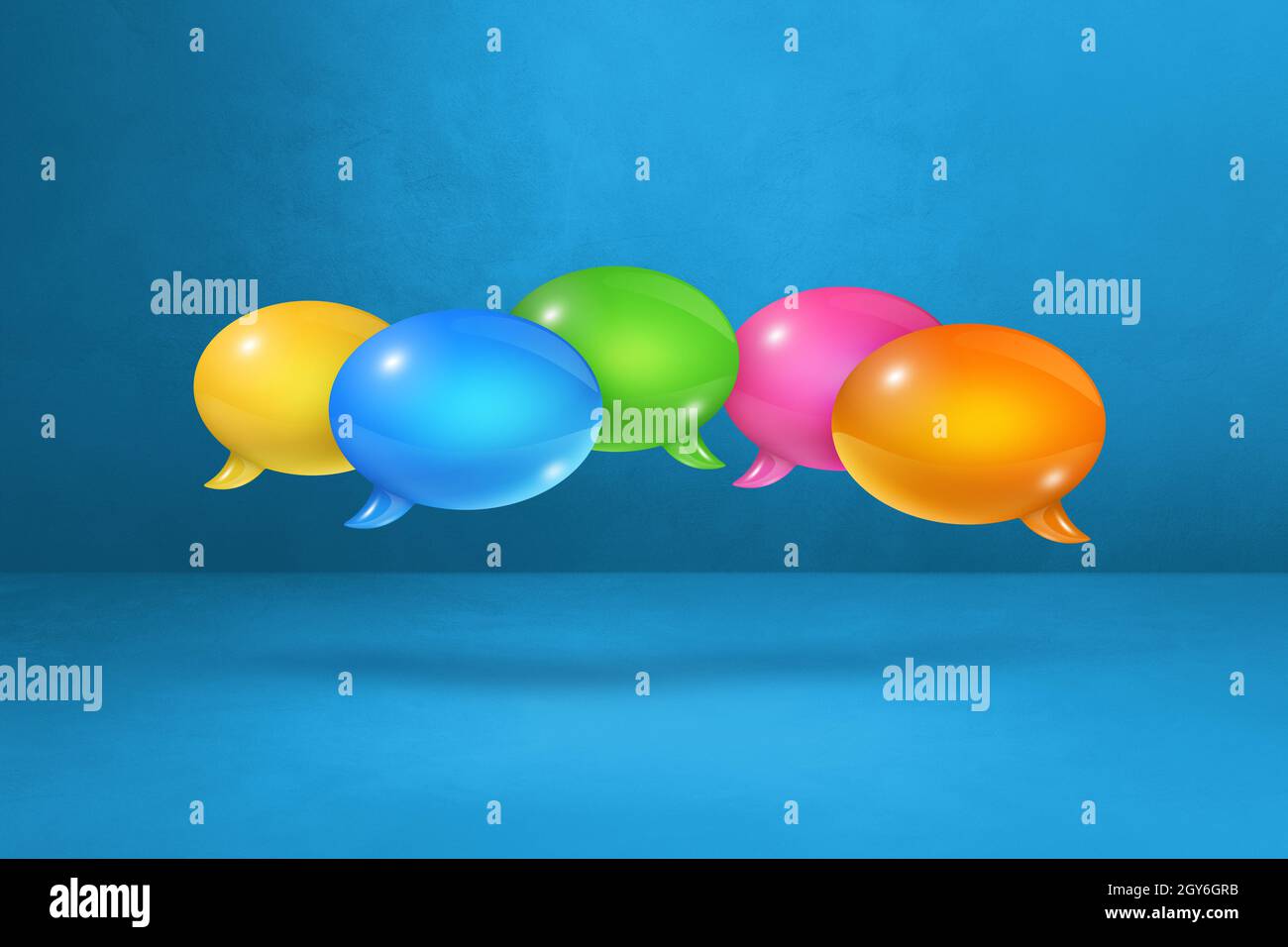 3D multicolor speech bubbles isolated on blue background Stock Photo