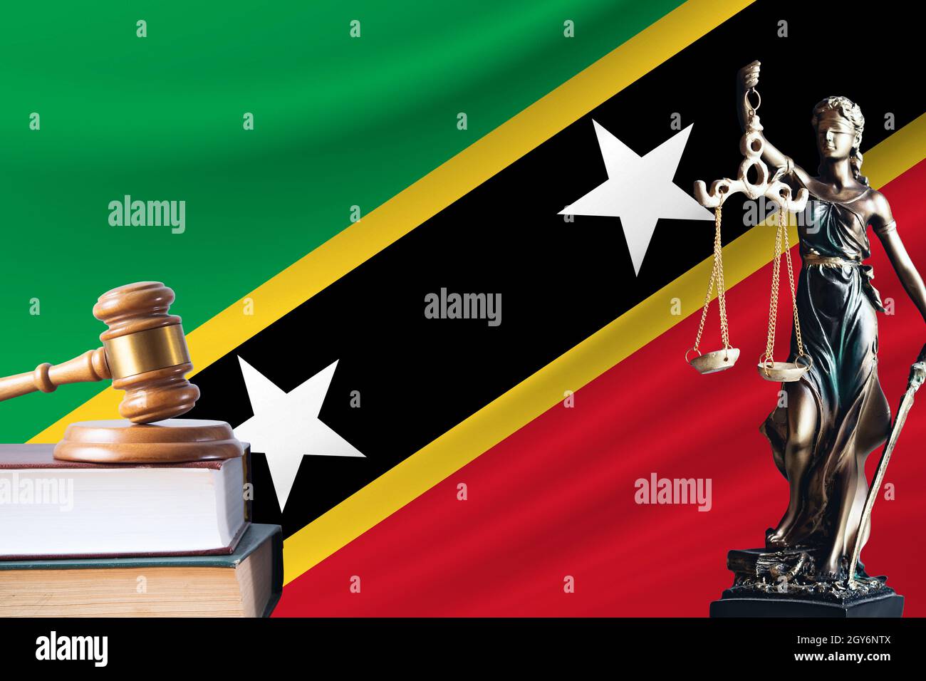 Law and justice in St. Kitts and Nevis. Statue of themis and the gavel