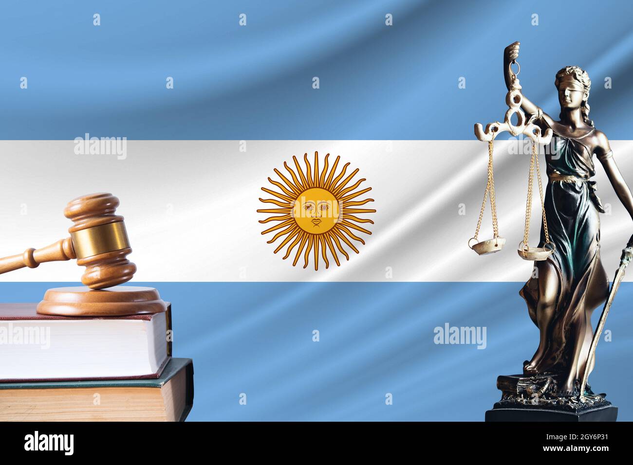 Law and justice in Argentina. Statue of themis and the gavel of the