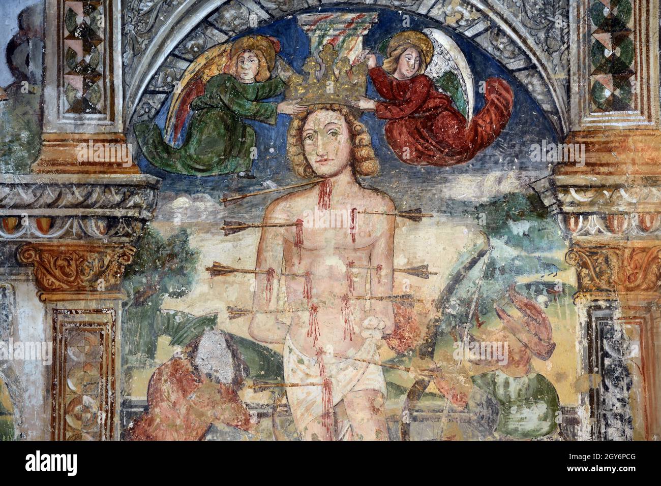 Saint Sebastian (cAD 256-288) Fresco (1515-1516) by Andrea de Cella in Chapel of Saint Sebastian Entraunes Alpes-Maritimes France Stock Photo