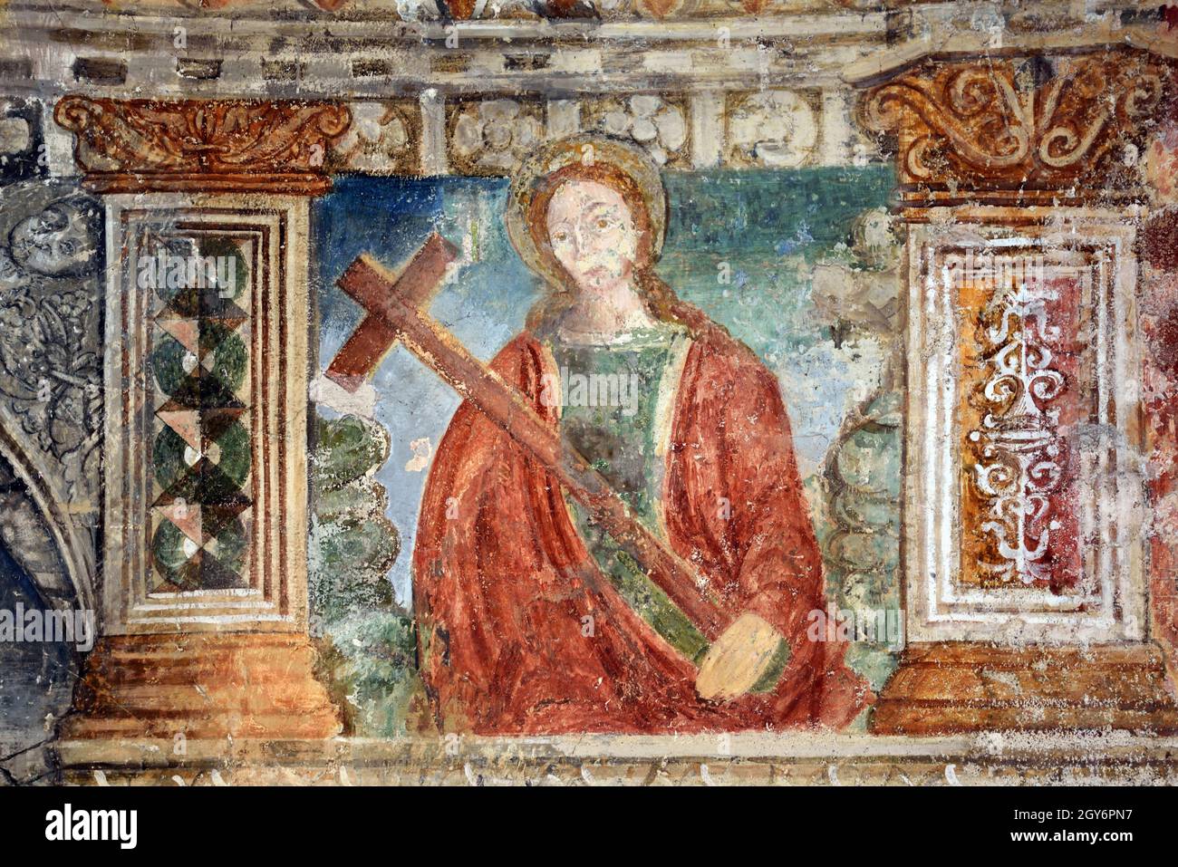 Saint Helen of Constantinople or Saint Helena (c250-c330) Fresco (1515-1516) by Andrea de Cella in Chapel of Saint Sebastian Entraunes  France Stock Photo