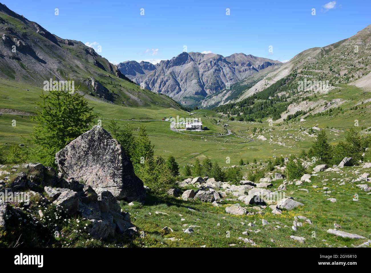 Panoramic View including the Mountain Refuge of the Col de la Cayolle, or Cayolle Mountain Pass, in the Mercantour National Park French Alps France Stock Photo