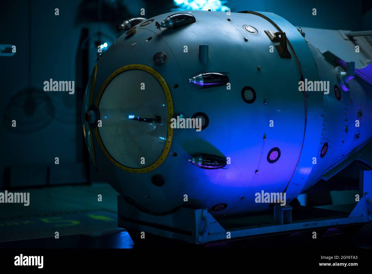 Scientific submarine in poligon. Underwater research Stock Photo