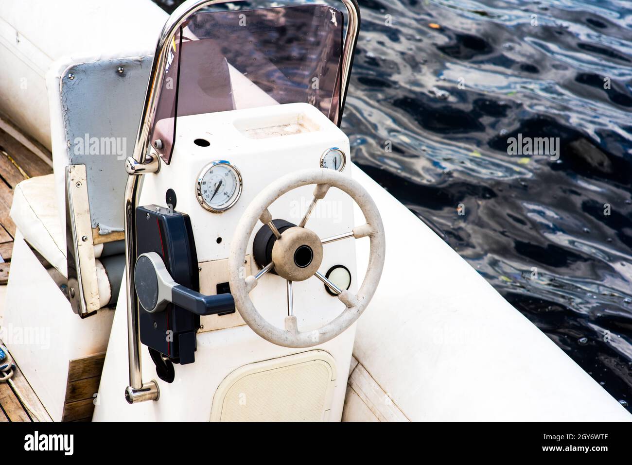 steering wheel on a luxury yacht cabin Stock Photo Alamy