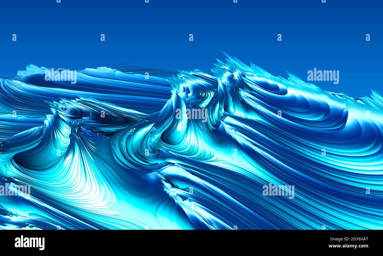 Plastic waves in the ocean. Combinations of many shades of blue against a blue sky. Imitation of sea ocean waves on canvas. Modern art concept. 3d ren Stock Photo