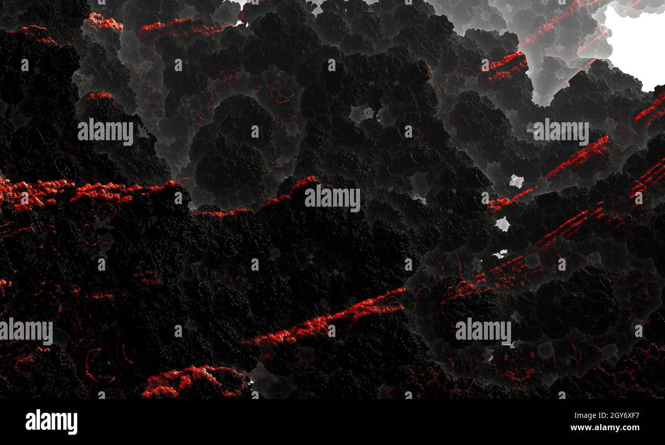Black volcanic rock with red lava veins. Background texture of a rocks ...