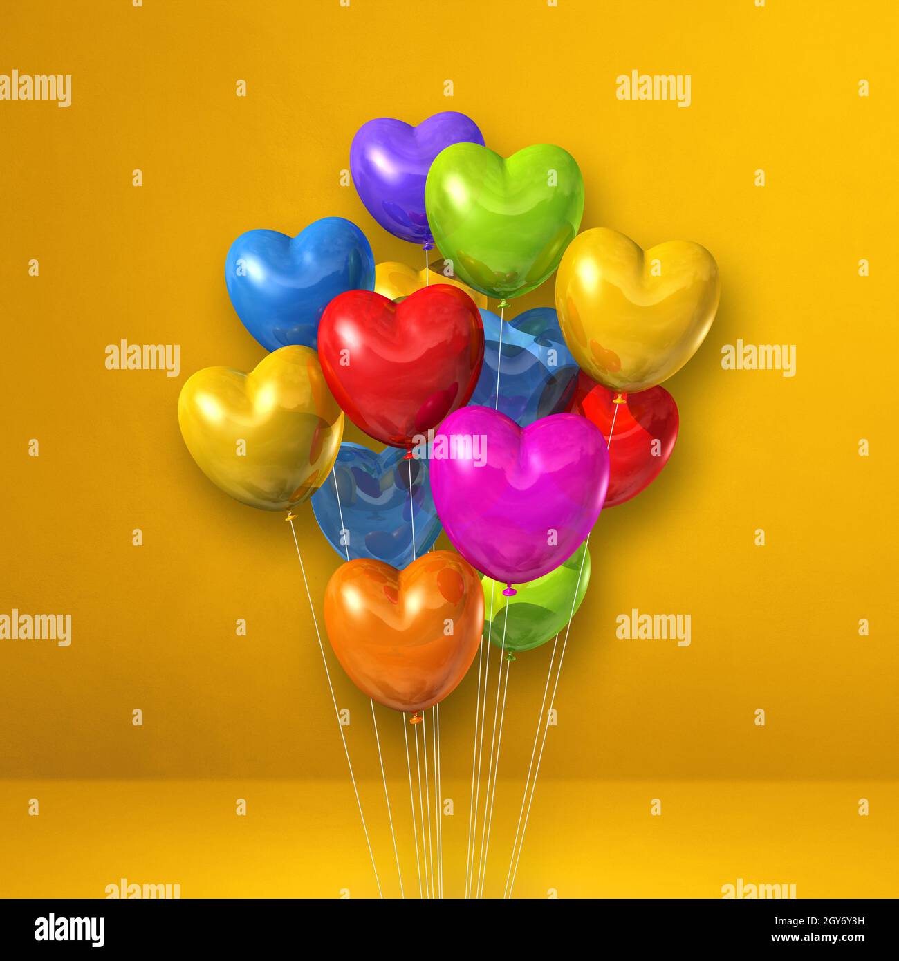 Colorful heart shape balloons bunch on a yellow wall background. 3D ...