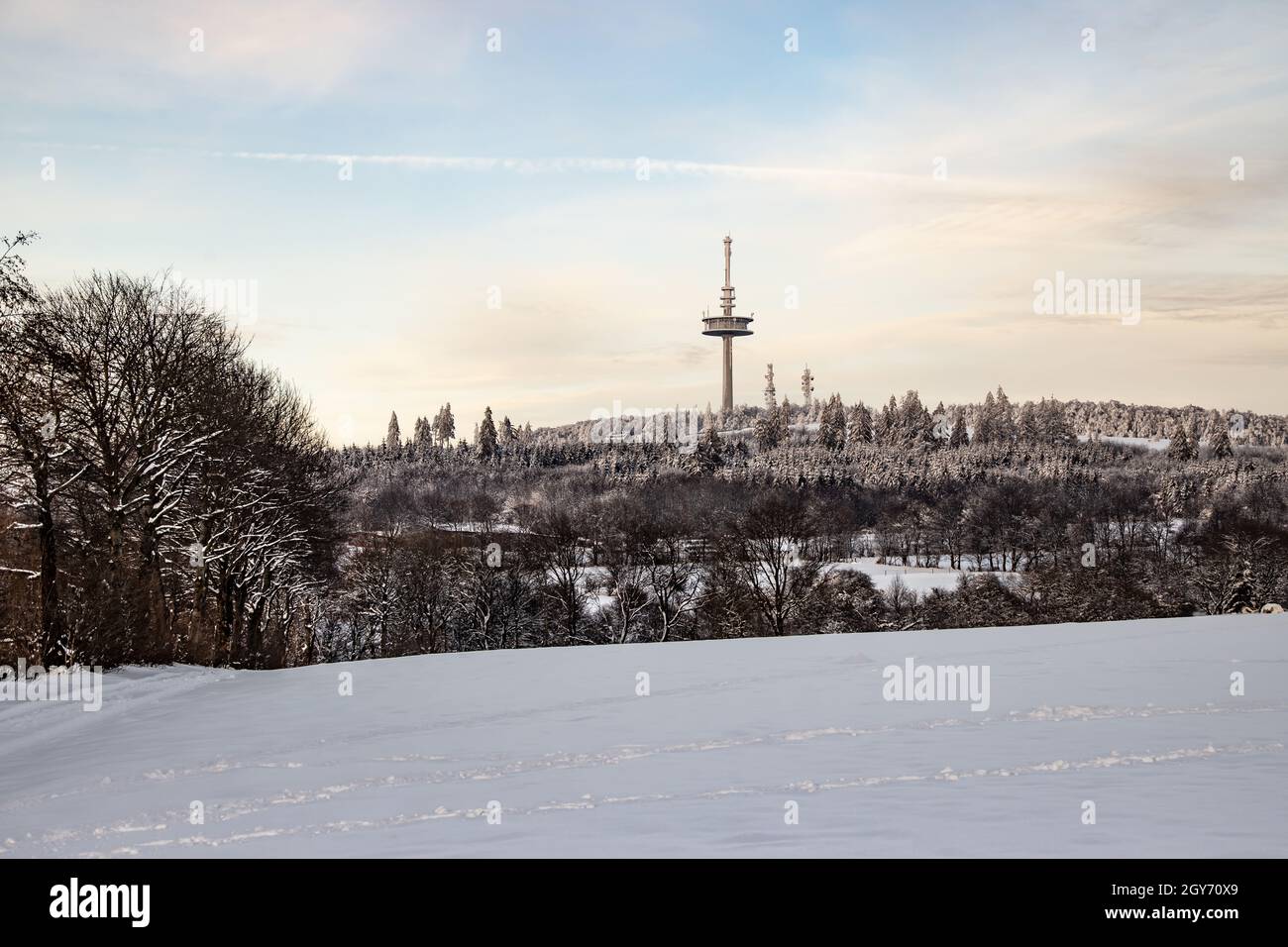 Winter in Vogelsberg with Hoherodskopf in beautiful landscape with snow in Hesse Germany Stock Photo