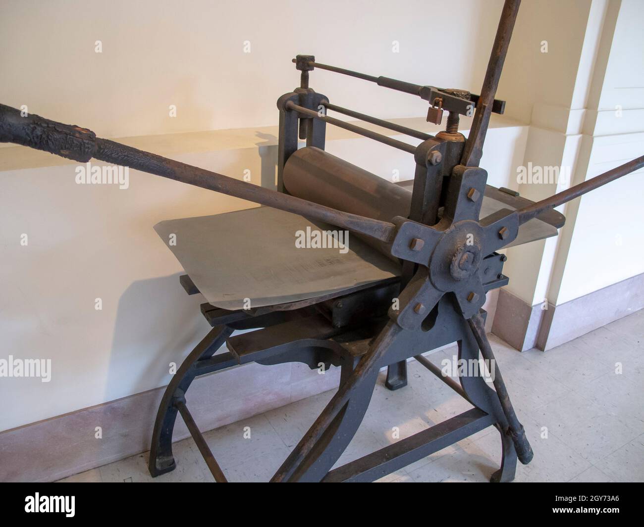 old printing press on exhibit at the boston public library Stock Photo Alamy