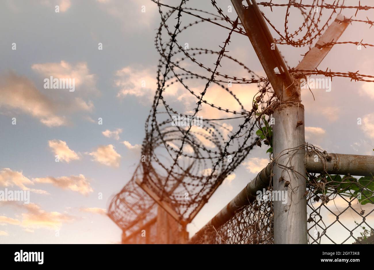 Prison security fence. Barbed wire security fence. Razor wire jail fence. Barrier border. Boundary security wall. Prison for arrest criminals or terro Stock Photo