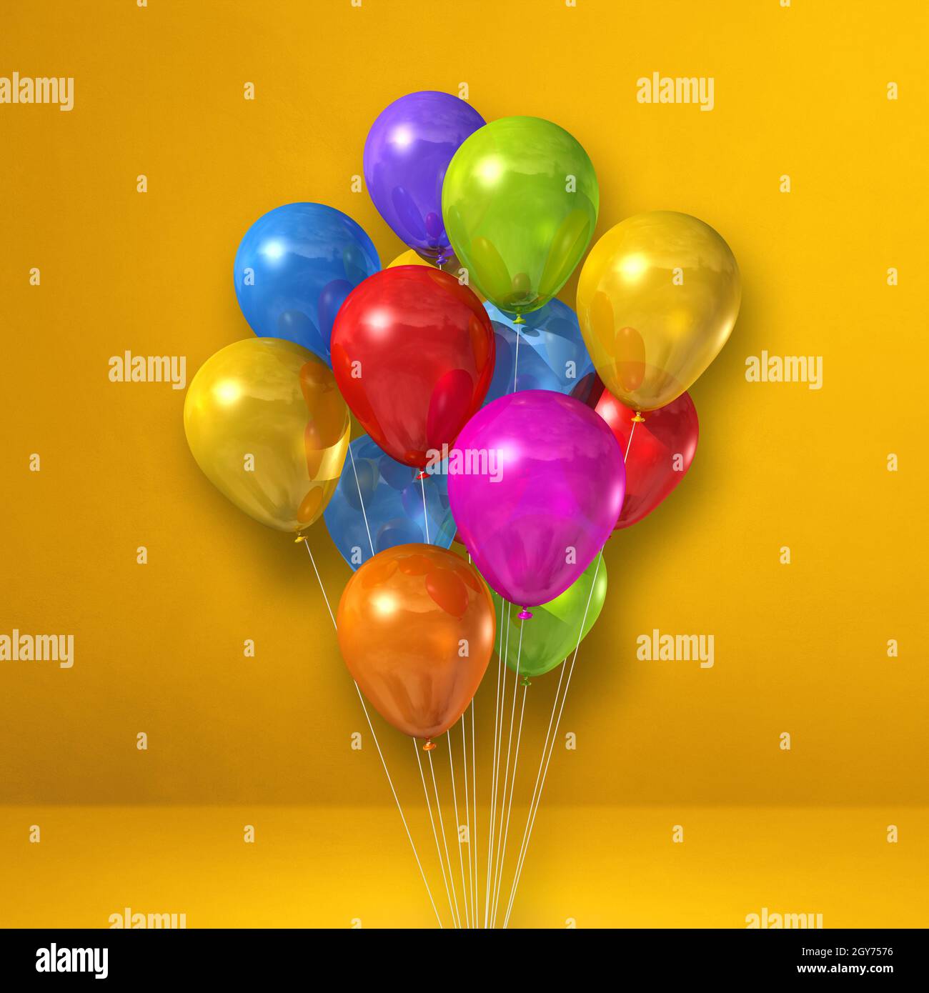 Colorful balloons bunch on a yellow wall background. 3D illustration ...