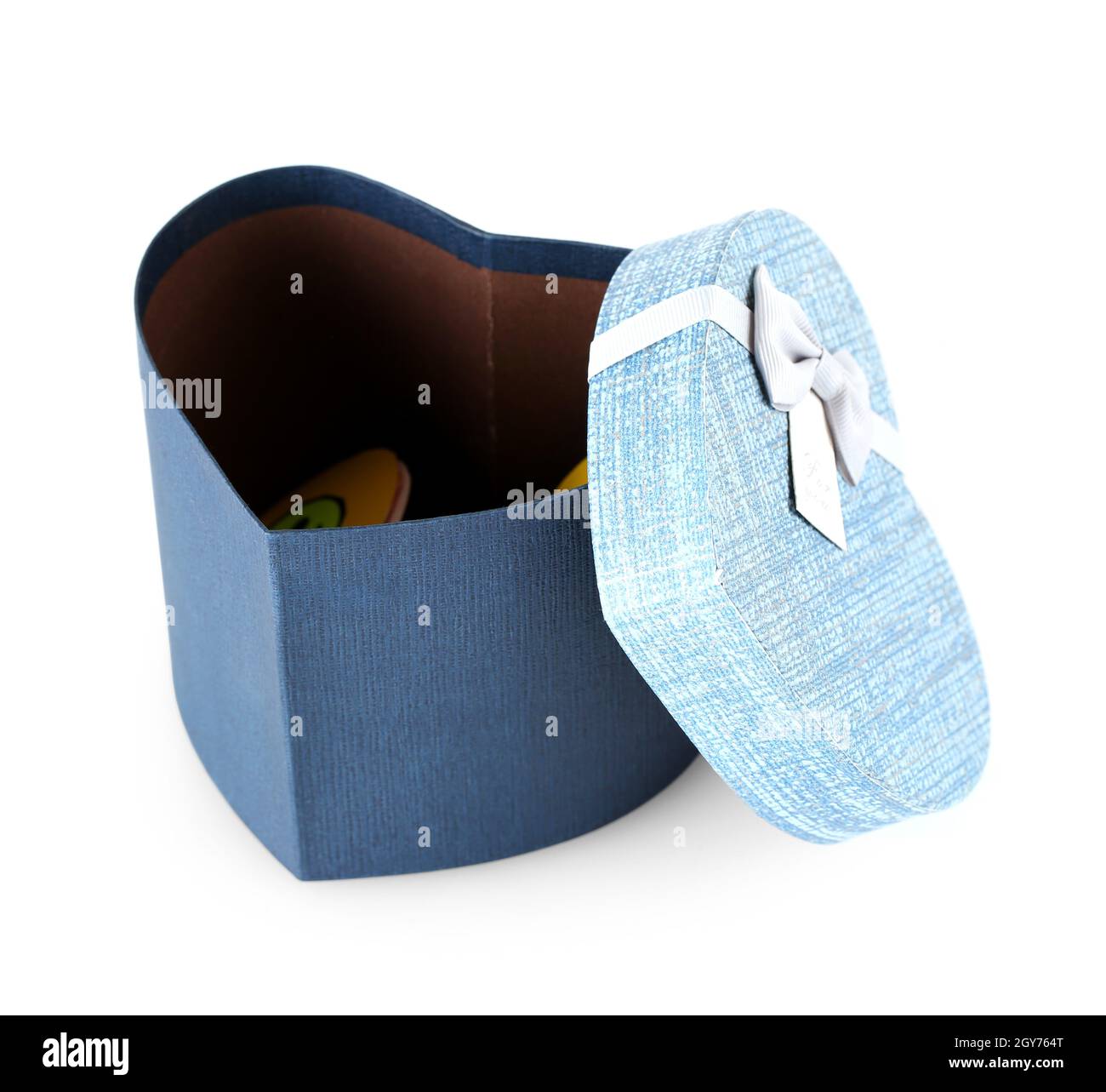 The opened  big blue gift box in the form of a heart isolated Stock Photo