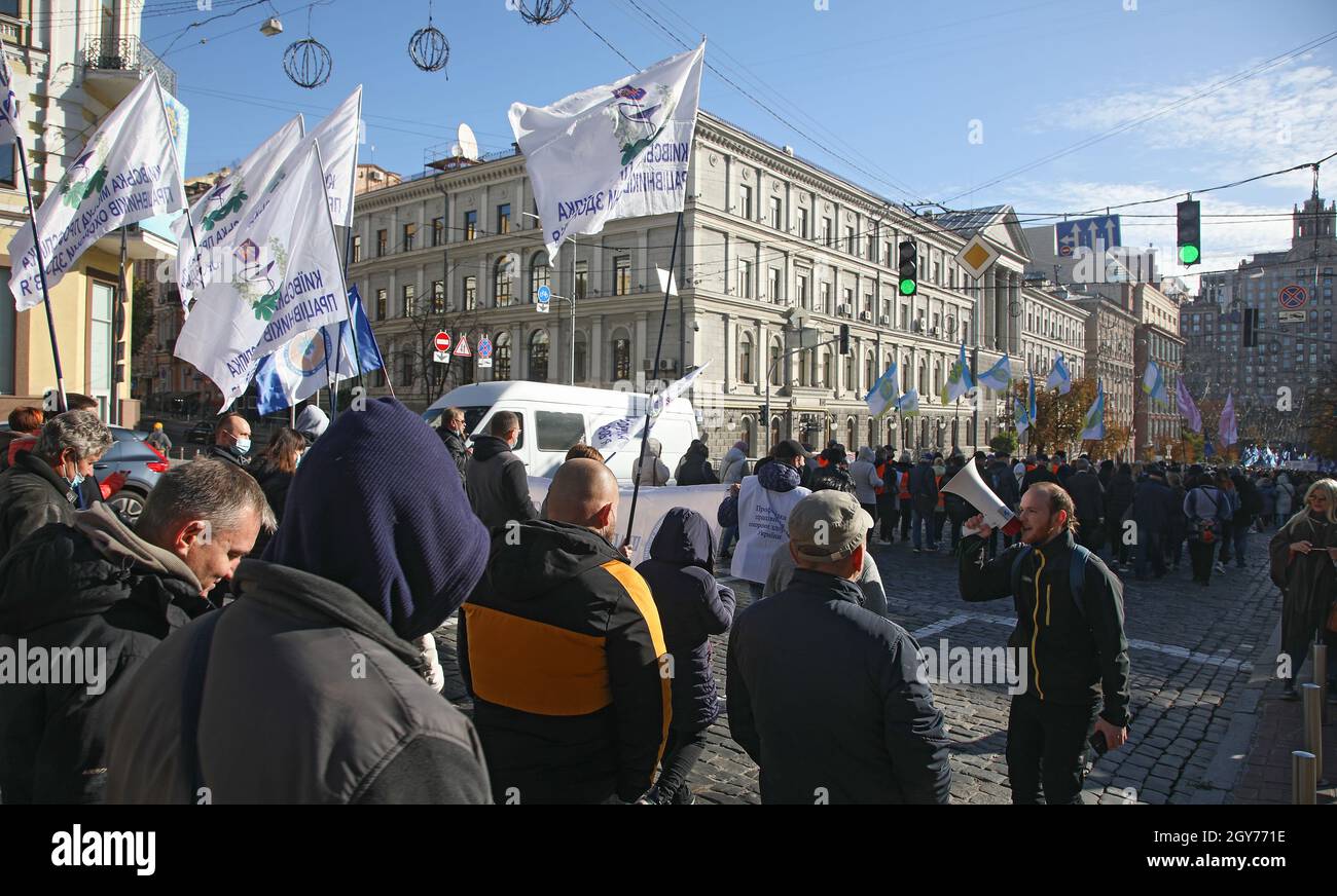 KYIV, UKRAINE - OCTOBER 07, - of the Federation Trade Unions of Ukraine carry flags during an all-Ukrainian mass protest action in defense of the labor rights of workers,