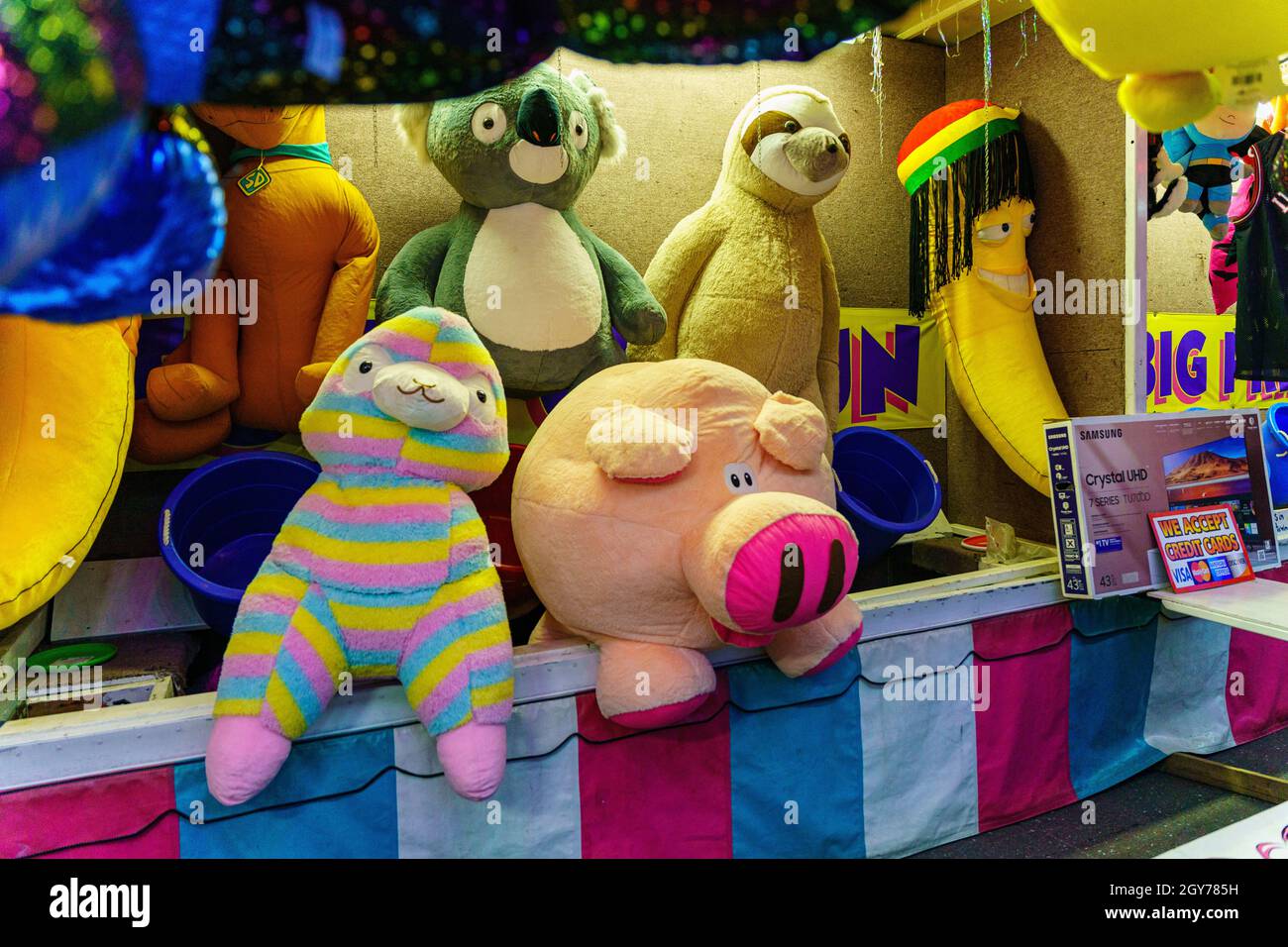 New Holland, PA, USA - September 30, 2021: Large stuffed toys are some of the prizes for game winners  at the annual community street fair in the smal Stock Photo