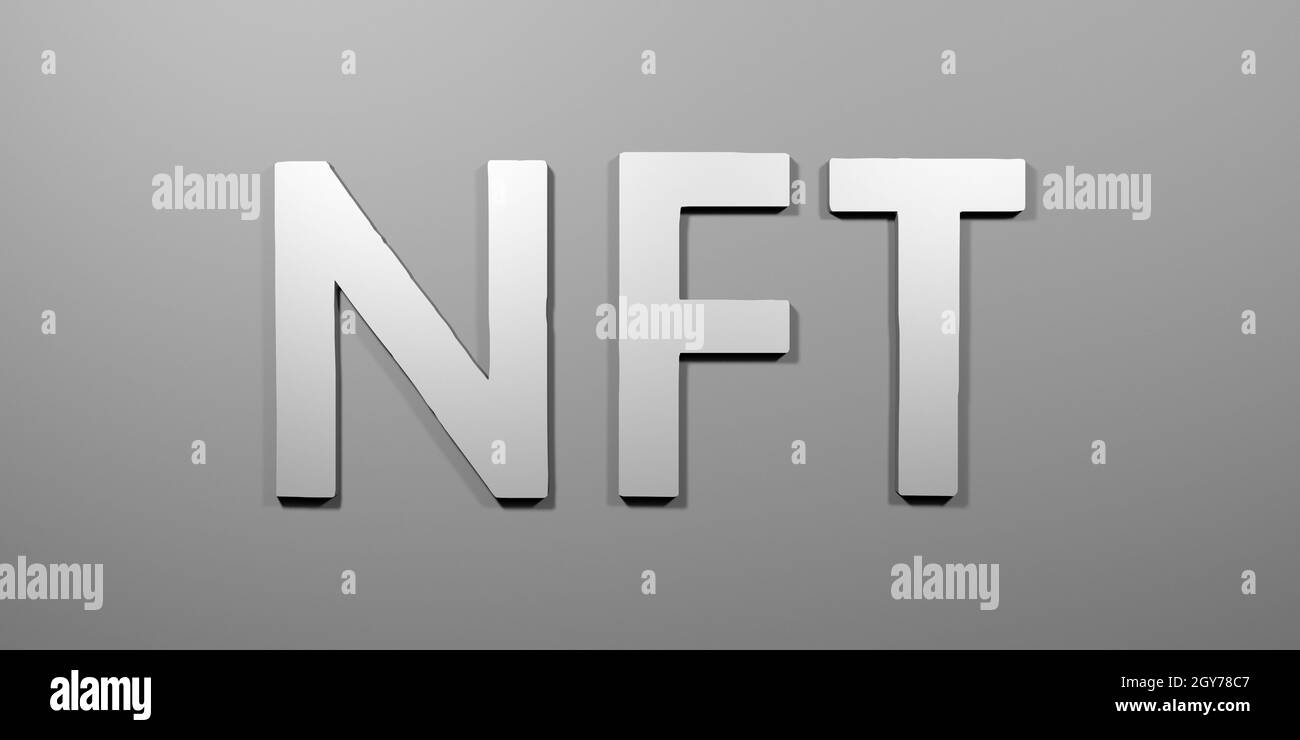 NFT (non-fungible token) word and letters in black and white monochrome grey colour, conceptual 3D illustration with lighting and shadows Stock Photo