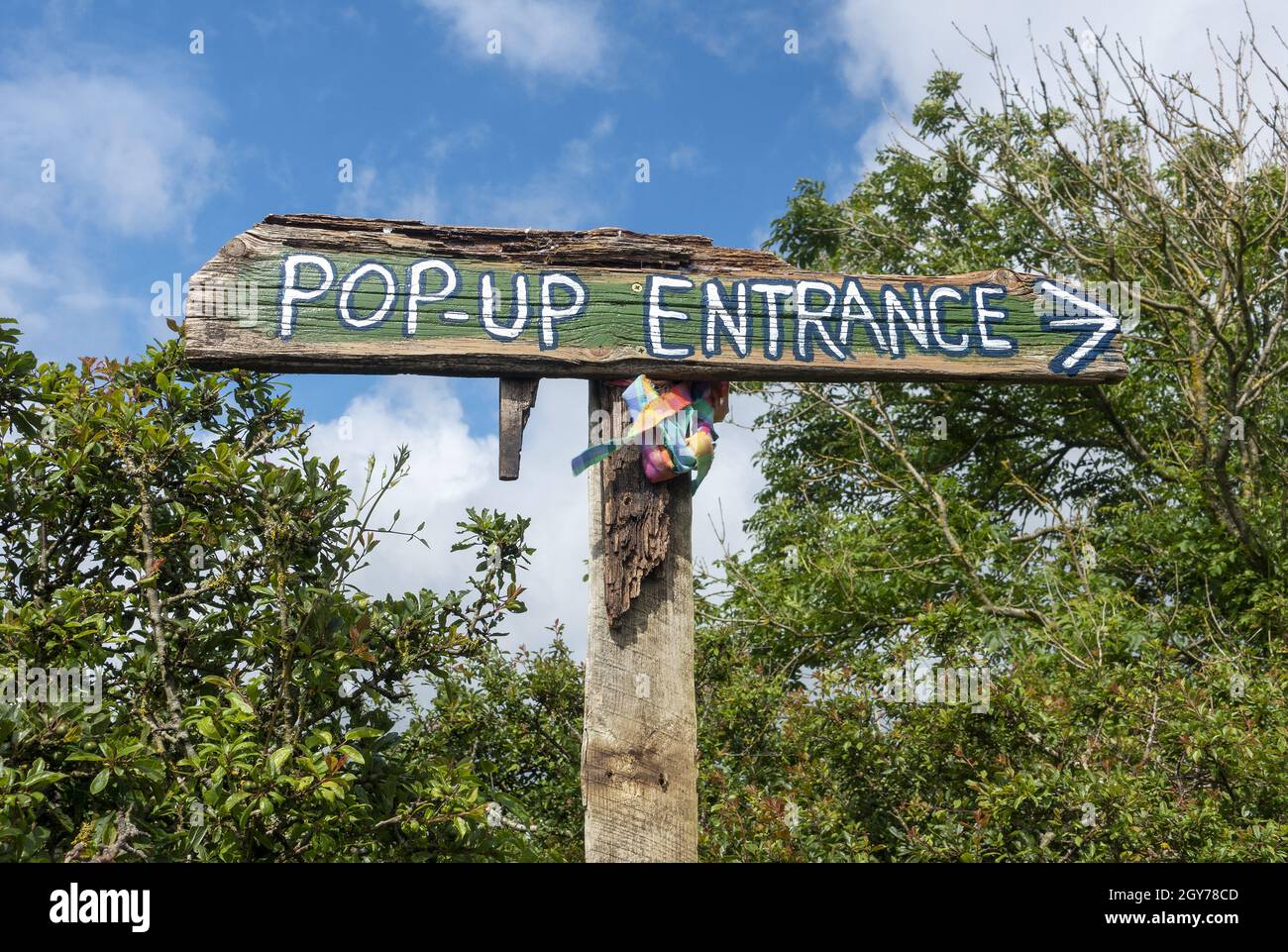 Wooden sign for Pop up on the Hill on Grange Hill, Wareham, Isle of Purbeck, Dorset, England, UK Stock Photo