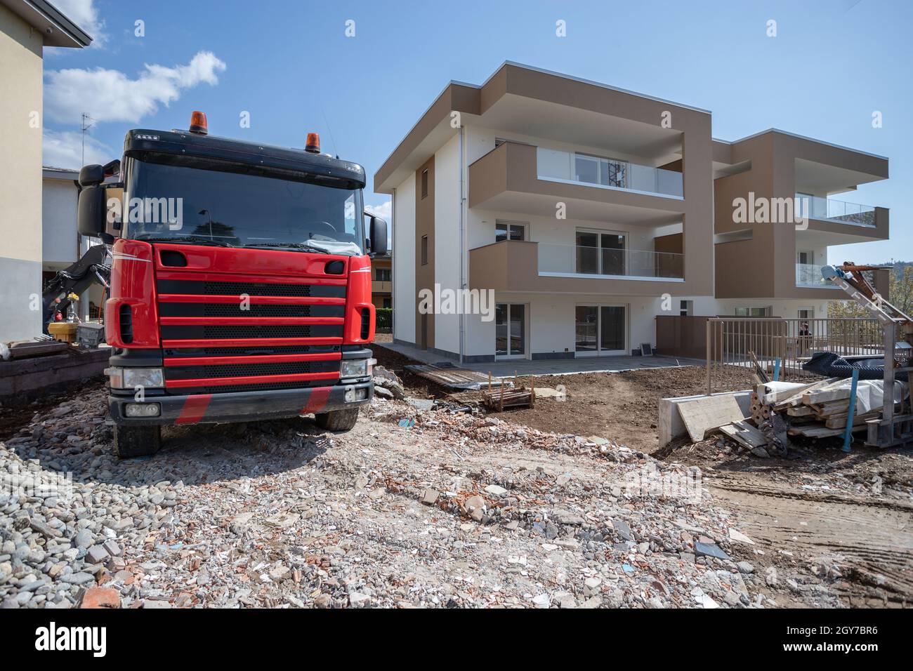 Truck on construction site. Trucking on construction concept. Tipper ...
