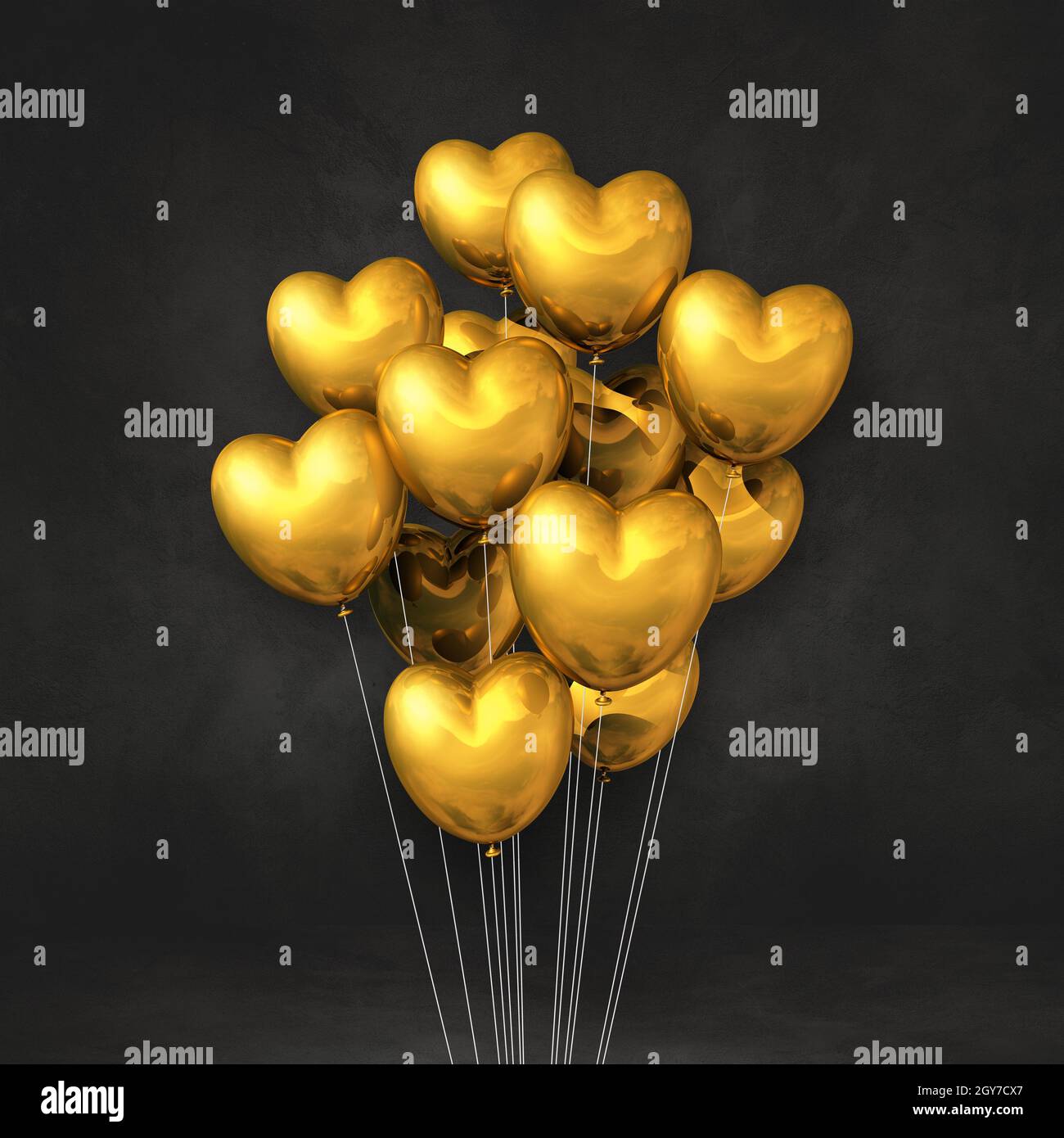 Gold heart shape balloons bunch on a black wall background. 3D