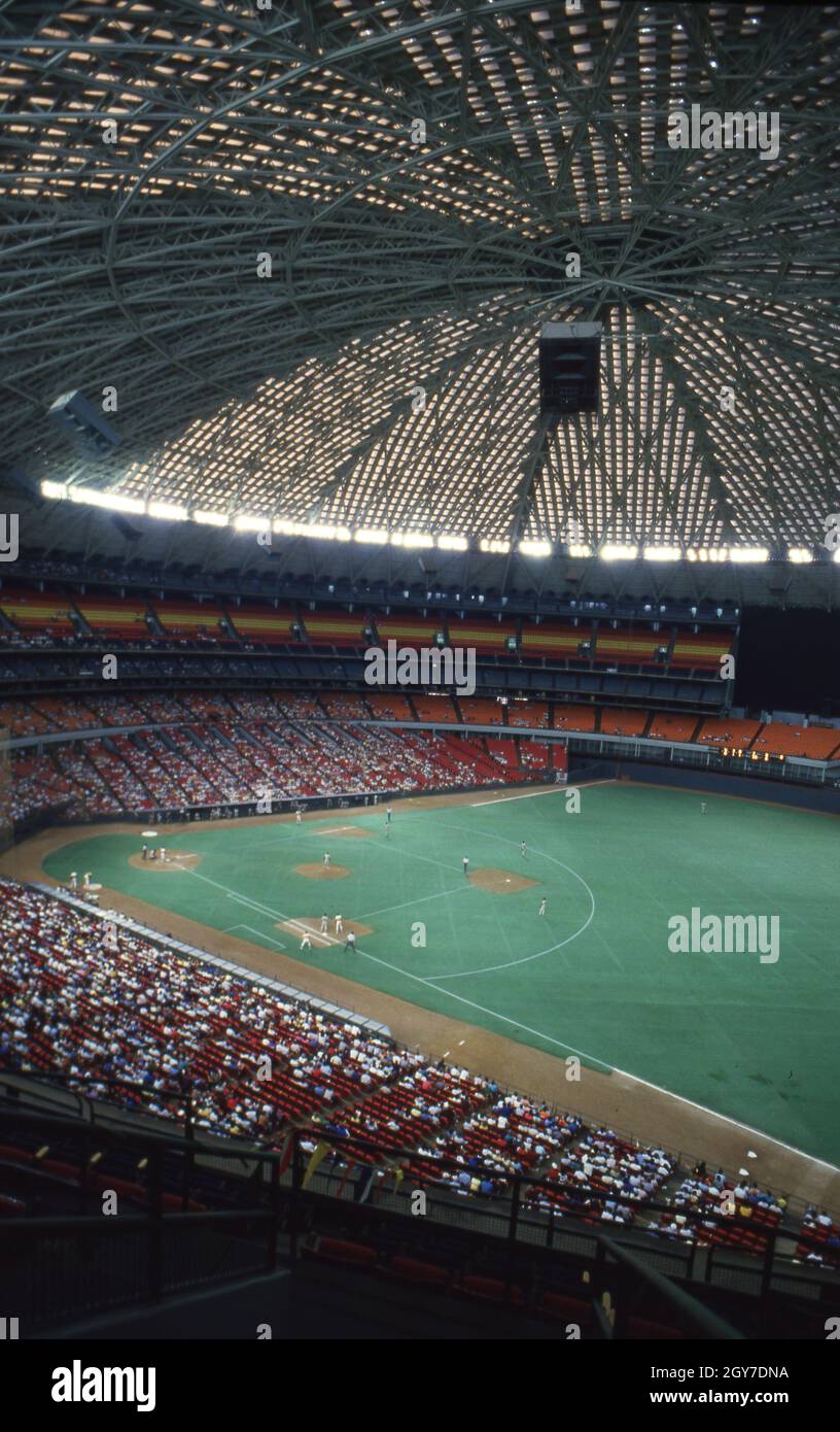 Houston Texas USA, circa 1989 Crowd watches Houston Astros baseball game indoors under the