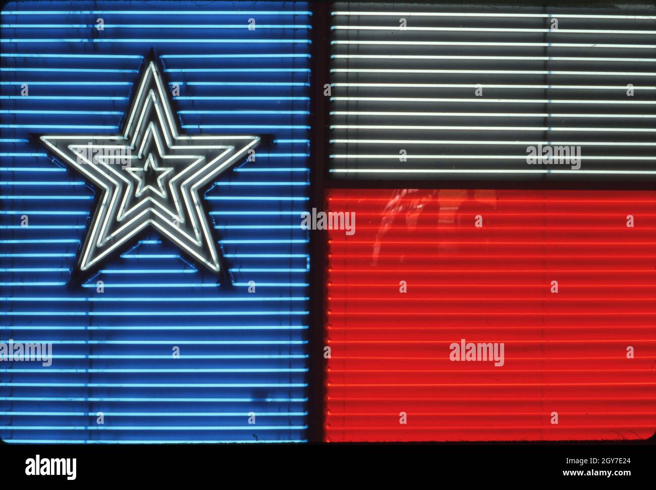 San Antonio Texas USA, circa 1990: Texas flag artwork made of neon on display at the Institute of Texan Cultures. ©Bob Daemmrich Stock Photo