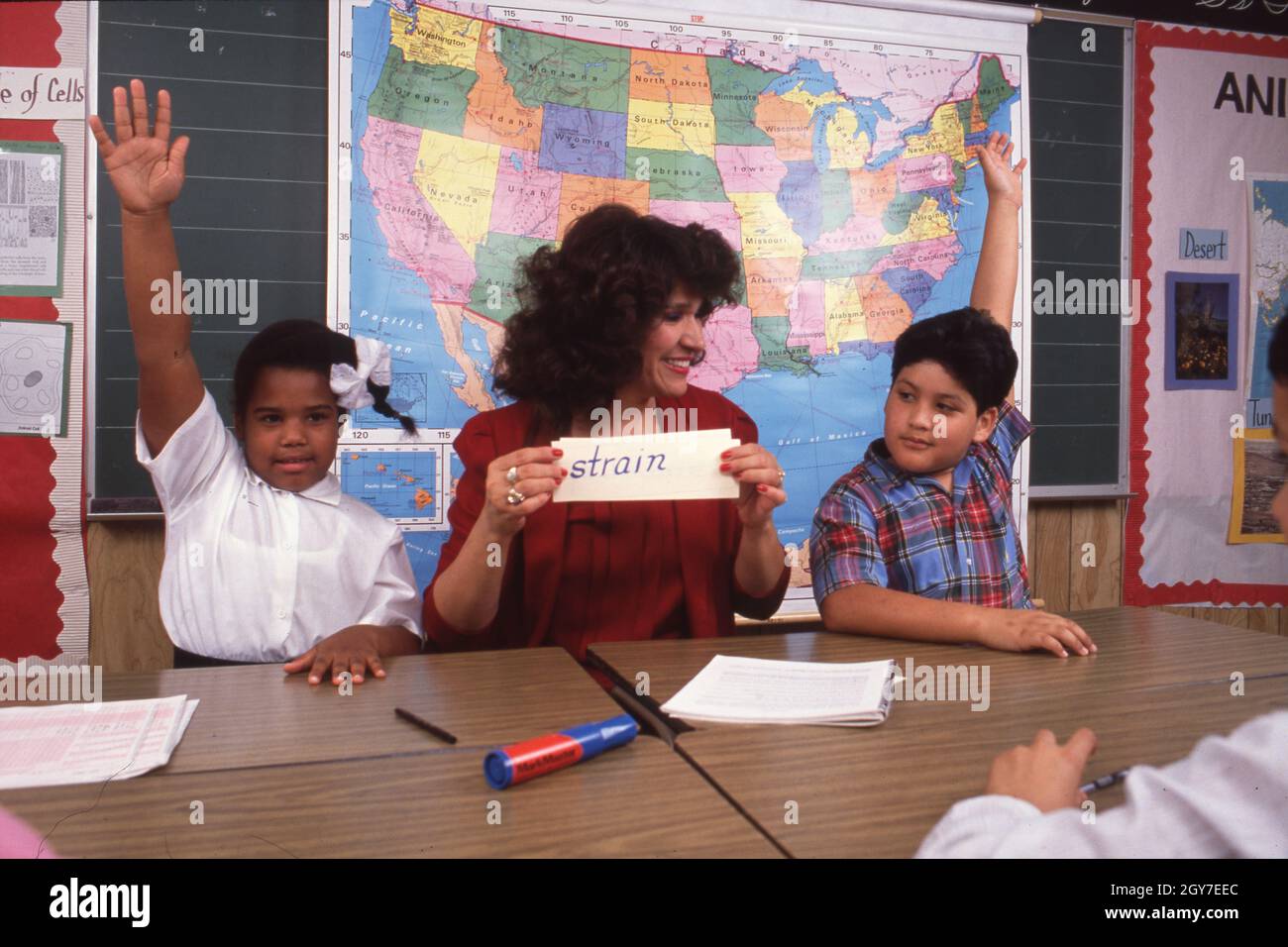 Austin Texas USA, circa 1990: Students respond to teacher's flash card during lesson in a second- and third-grade classroom. ©Bob Daemmrich Stock Photo
