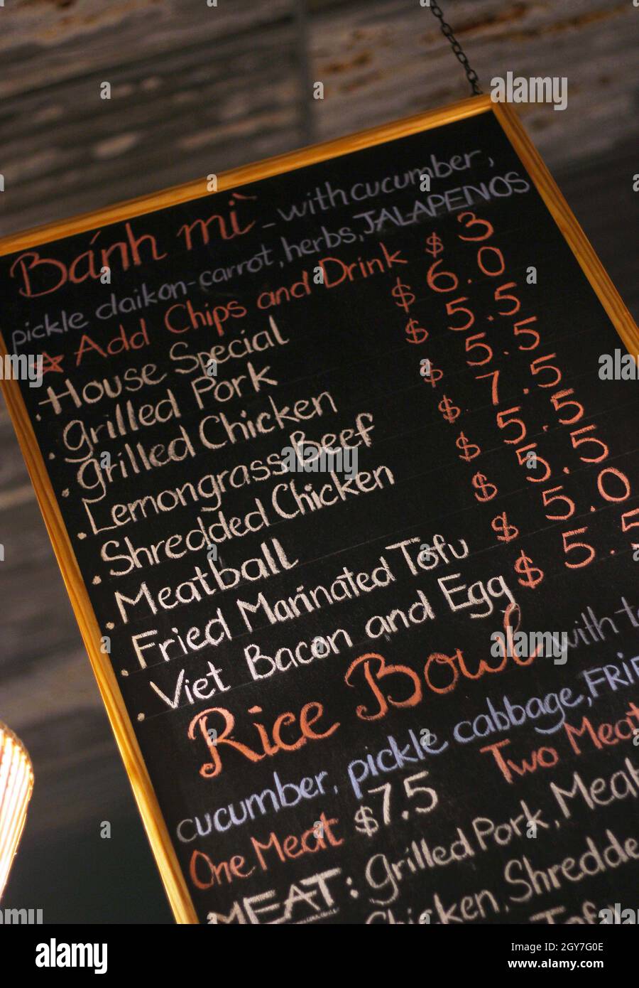 Chalkboard Menu in local Vietnamese Sandwich Shop featuring Bahn mi