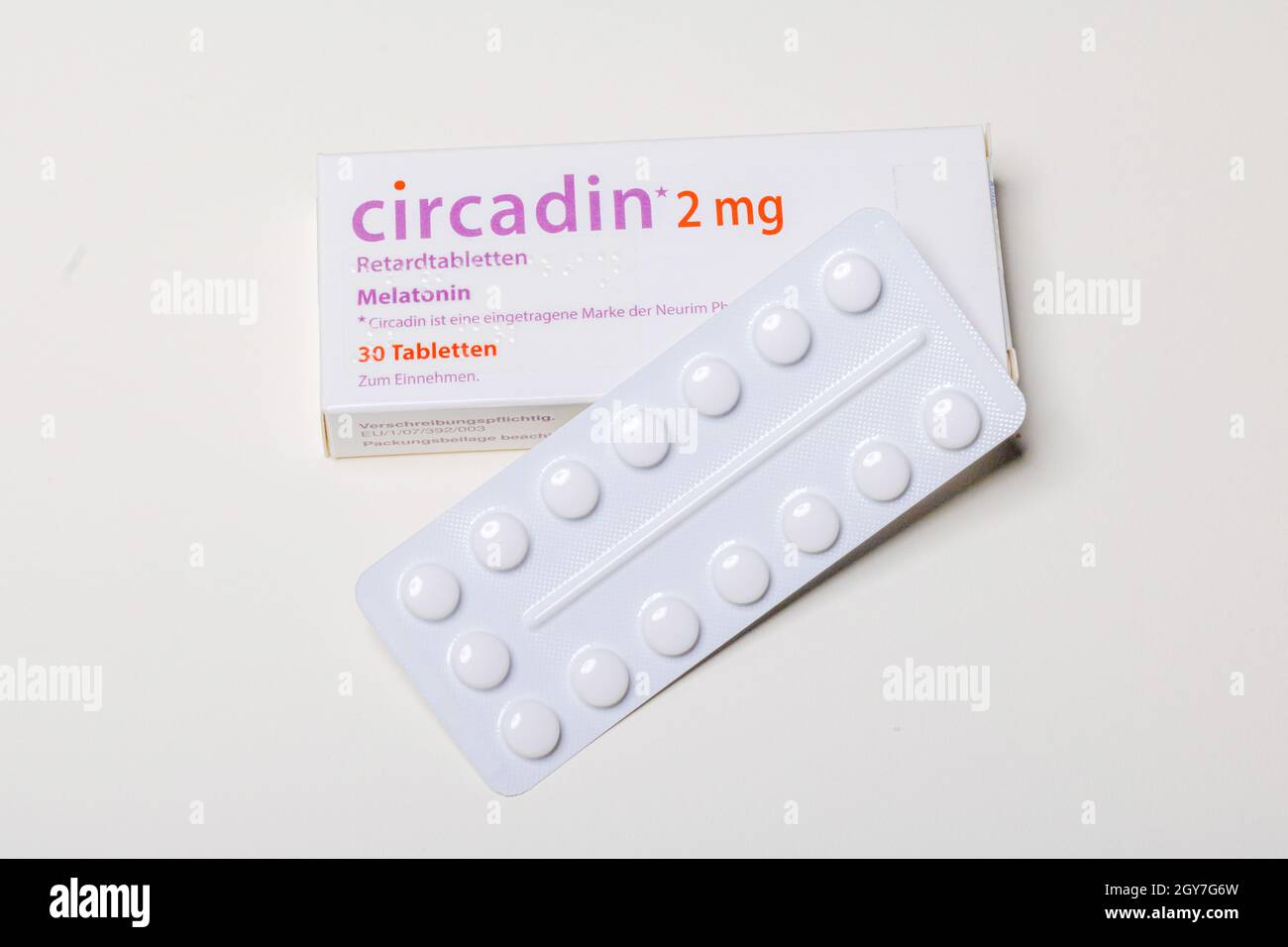 Neckargemuend, Germany: October 06, 2021: Packaging and tablets blister of the prescription drug circadin, a melatonin preparation for sleep disorders Stock Photo
