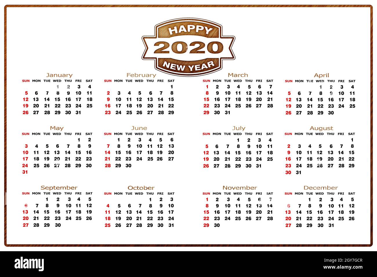 Calendar 2020 template on a white background. Week starts on Sunday ...