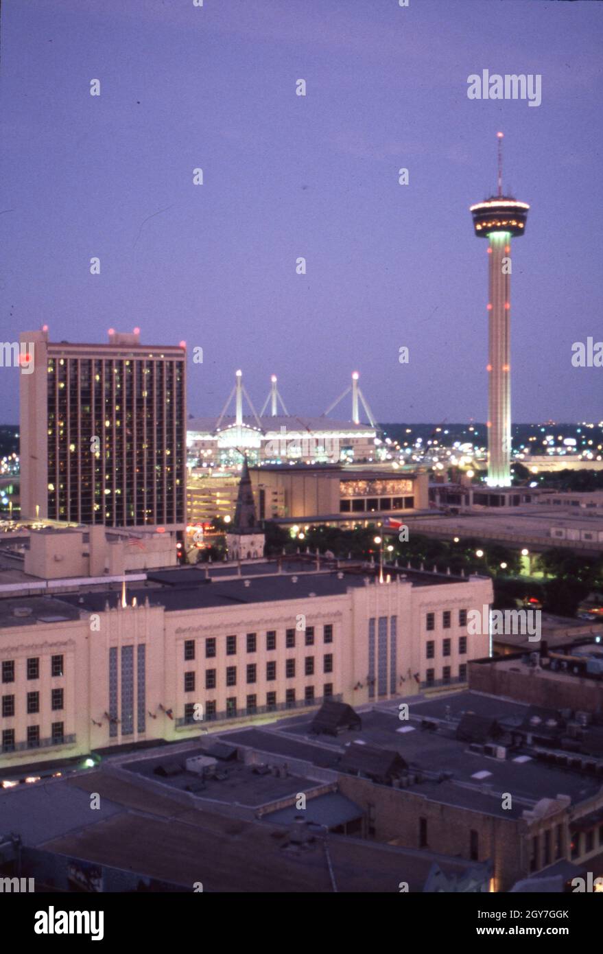 San Antonio Texas USA, circa 1996 HemisFair Tower (right) lights the