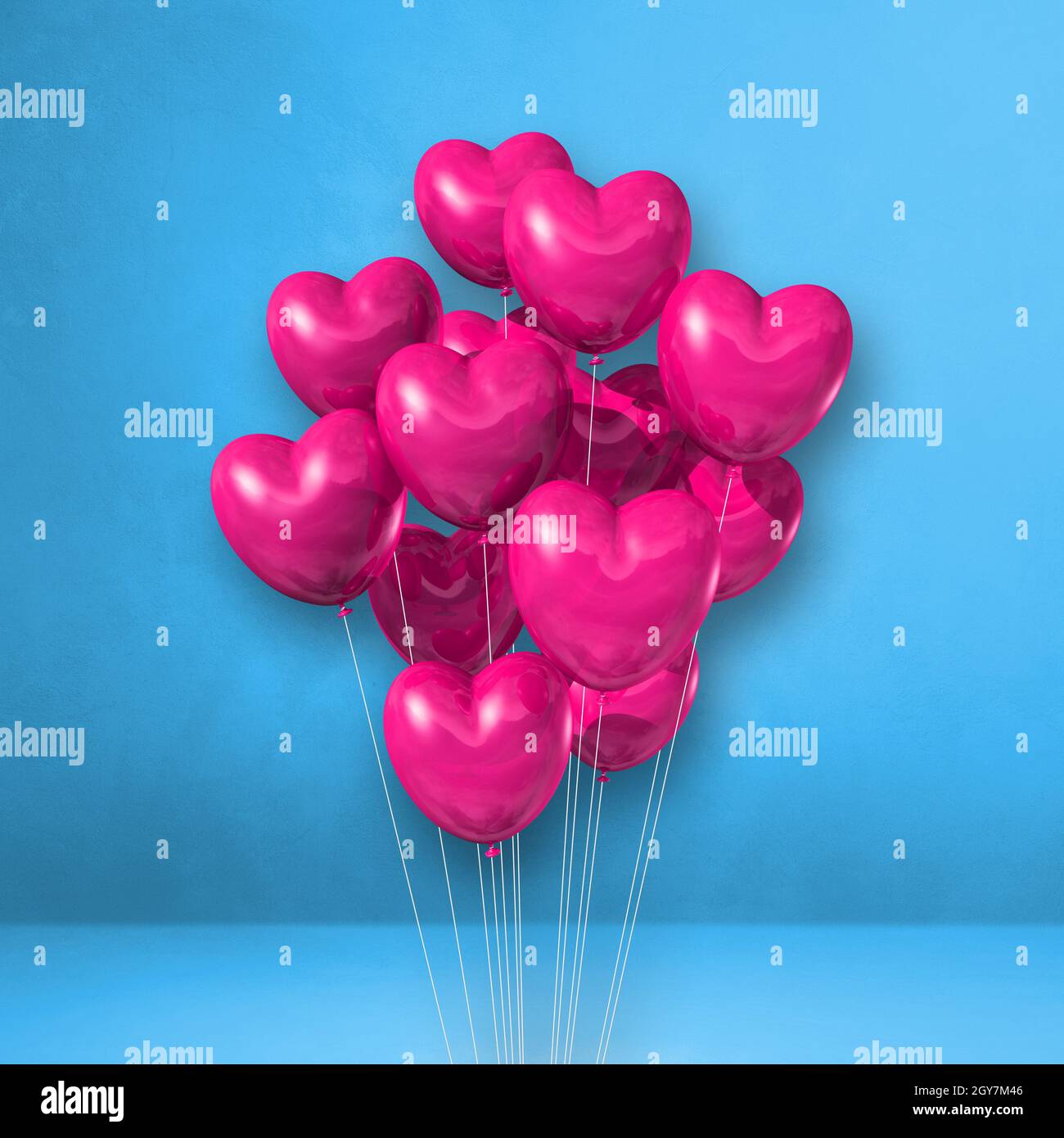 Pink heart shape balloons bunch on a blue wall background. 3D ...
