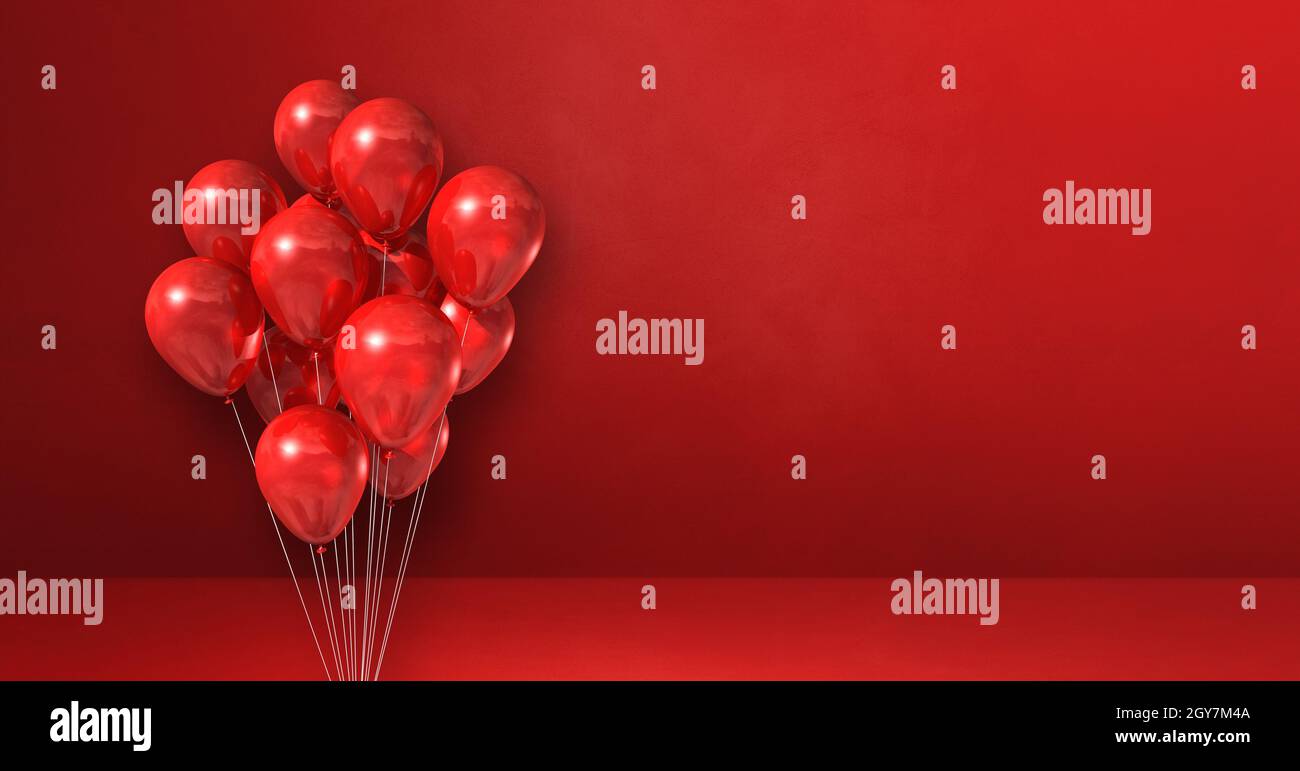 Balloons bunch on a red wall background. Horizontal banner. 3D ...