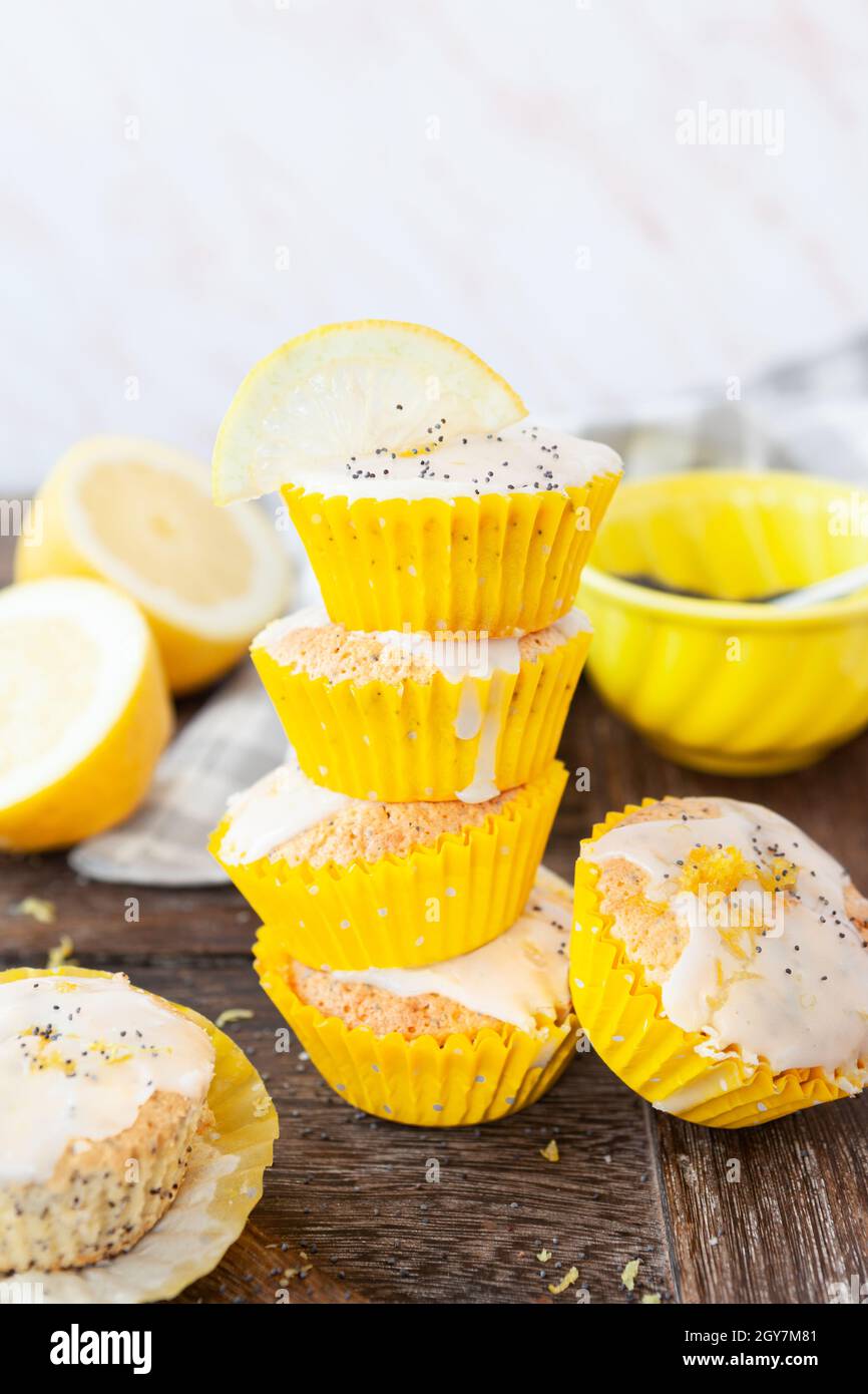 Delicious poppy seed muffins with fresh lemon Stock Photo