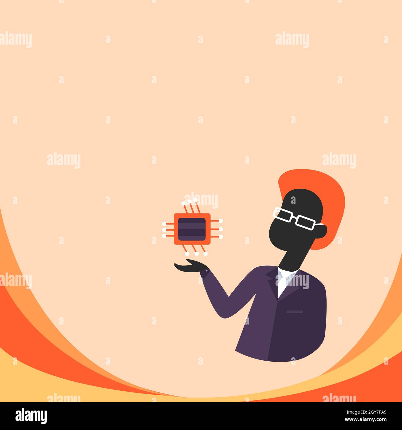 Man Drawing Standing And Holding Computer Microchip Showing New Tech ...