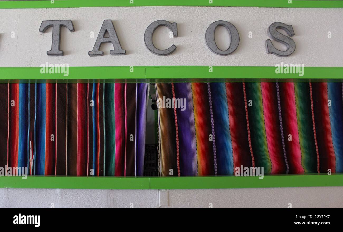 Closed Taco Stand With Colorful Curtains Stock Photo