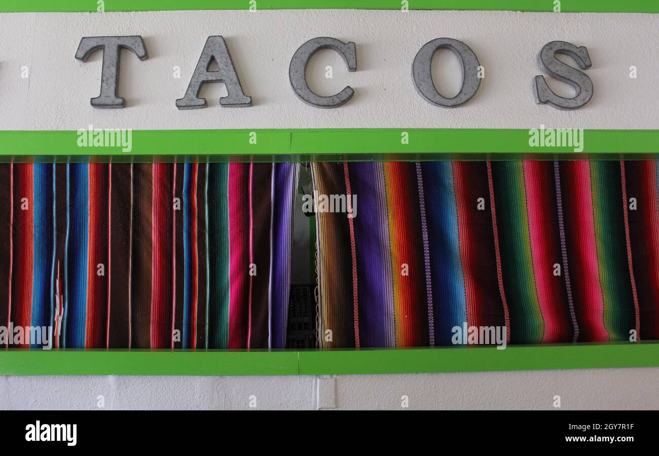 Closed Taco Stand With Colorful Curtains Stock Photo