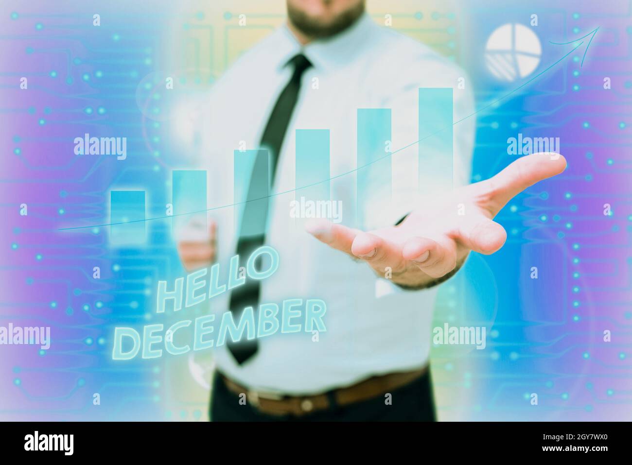 Sign displaying Hello December, Concept meaning greeting used when welcoming the twelfth month of the year Gentelman Uniform Standing Holding New Futu Stock Photo