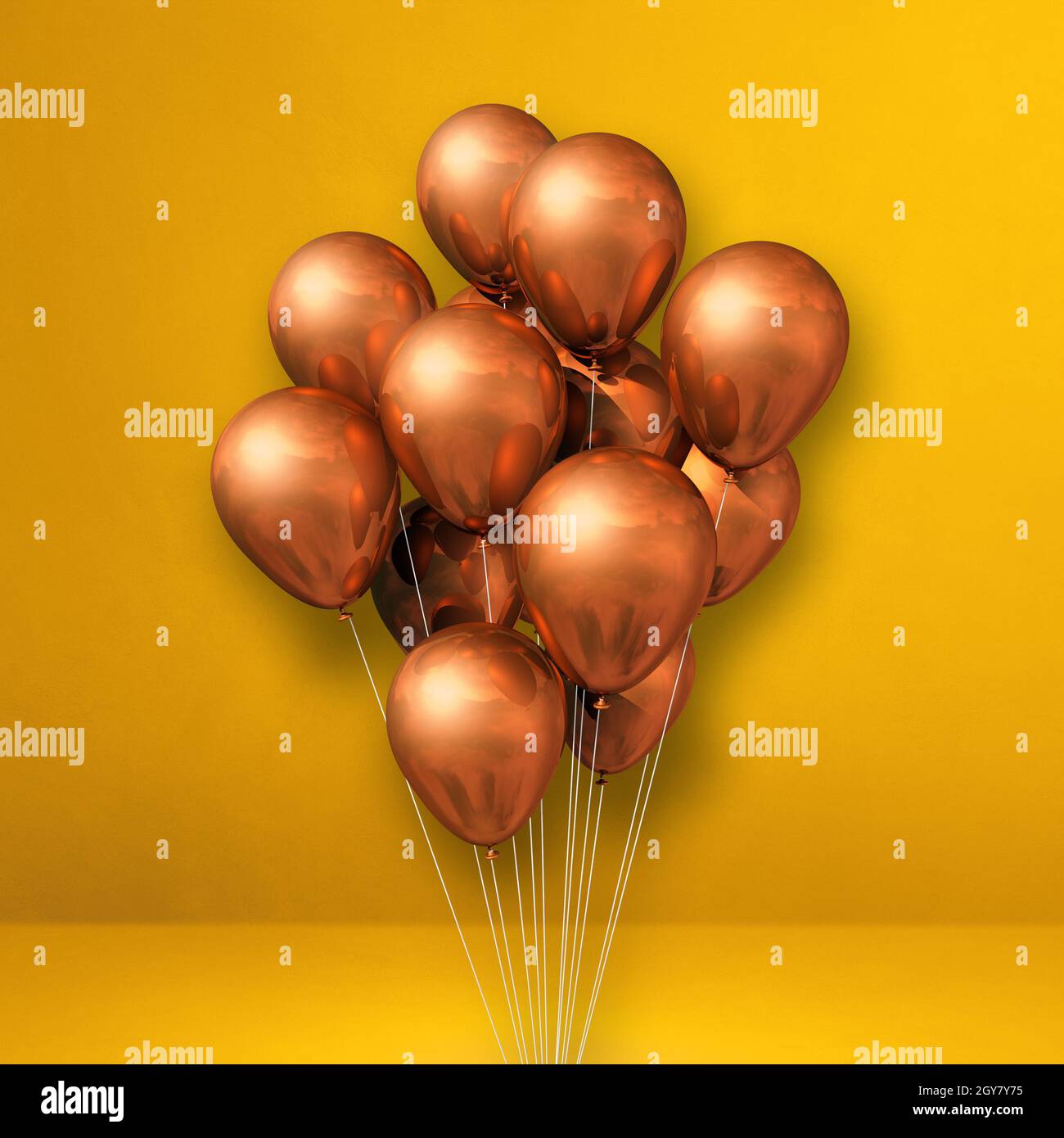 Copper balloons bunch on a yellow wall background. 3D illustration ...