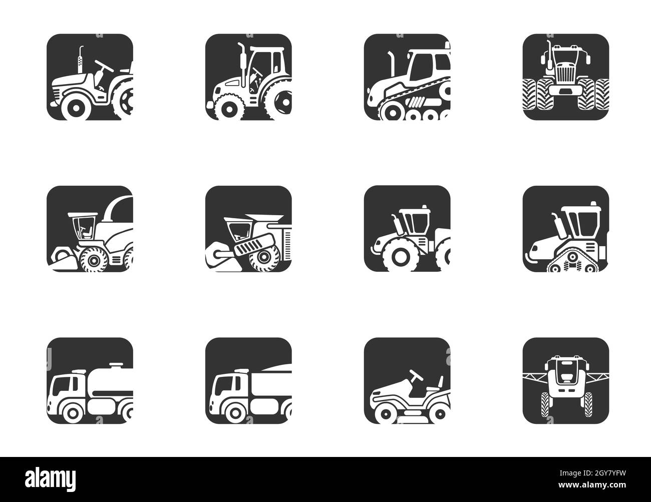 Agricultural vehicles icons set with combine tractor trailers elements of cultivation and irrigation isolated vector illustration Stock Photo