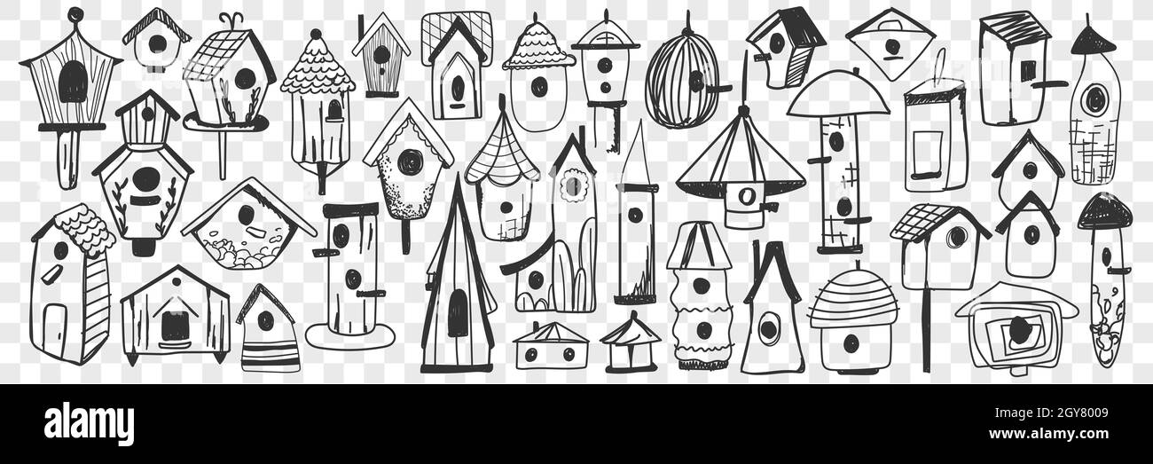 Birdhouse doodle set. Collection of hand drawn wooden birdhouse