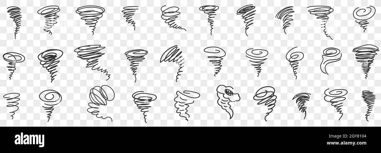 Tornado and hurricane doodle set. Collection of hand drawn natural ...